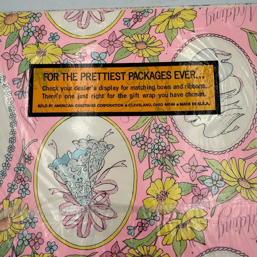 Vintage American Greetings Wedding Gift Wrap 2 Sheets Doves Floral Pink GW 1567C
